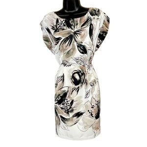 EUC Eliza J watercolour dress, taupe, white, black, size 4.